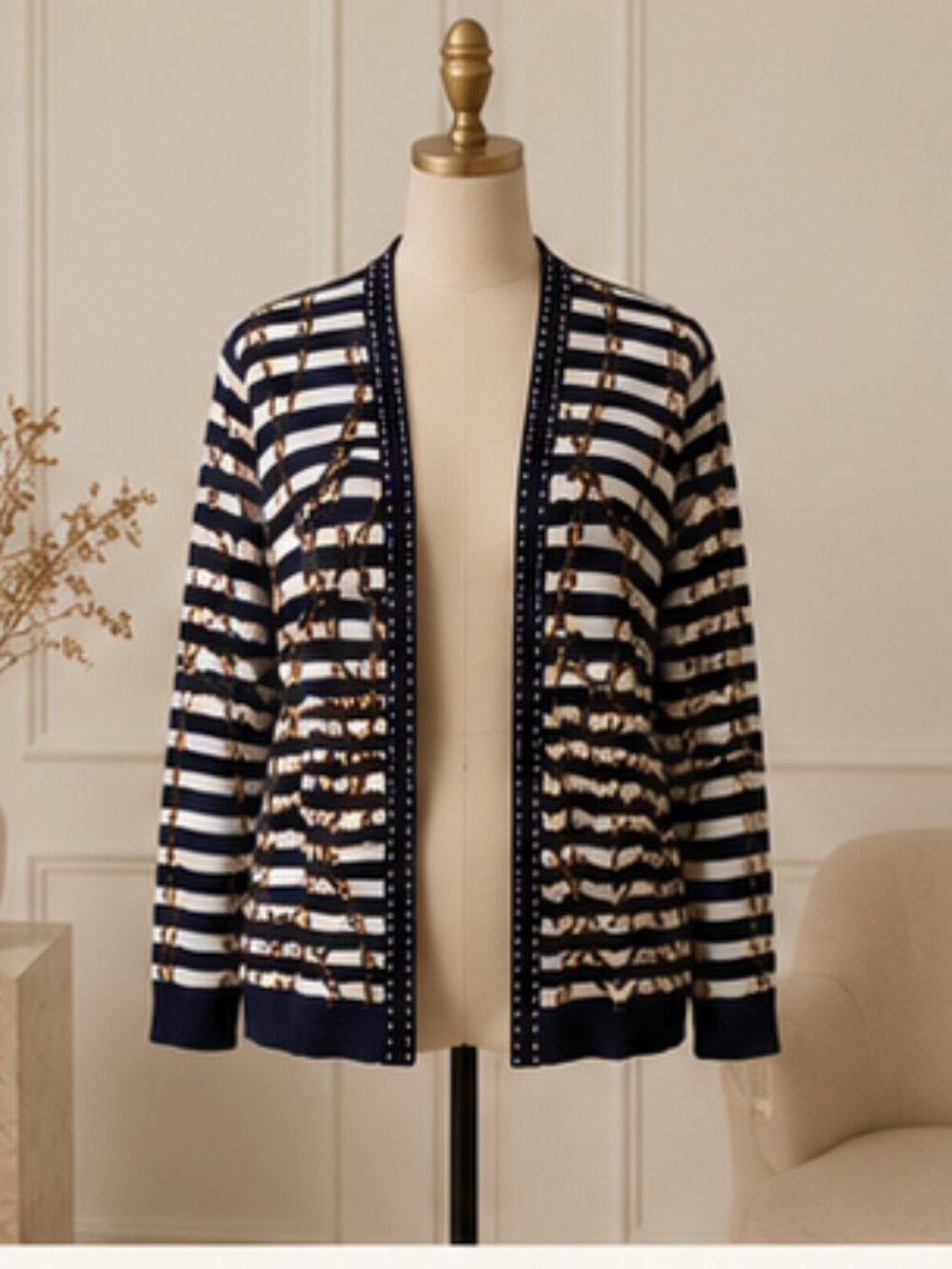 RAFAELLA Nautical Chain Anchor Cardigan Sweater 2X Coastal Quiet Luxury